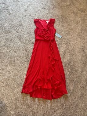 London Times Red Ruffle Wrap Midi Dress